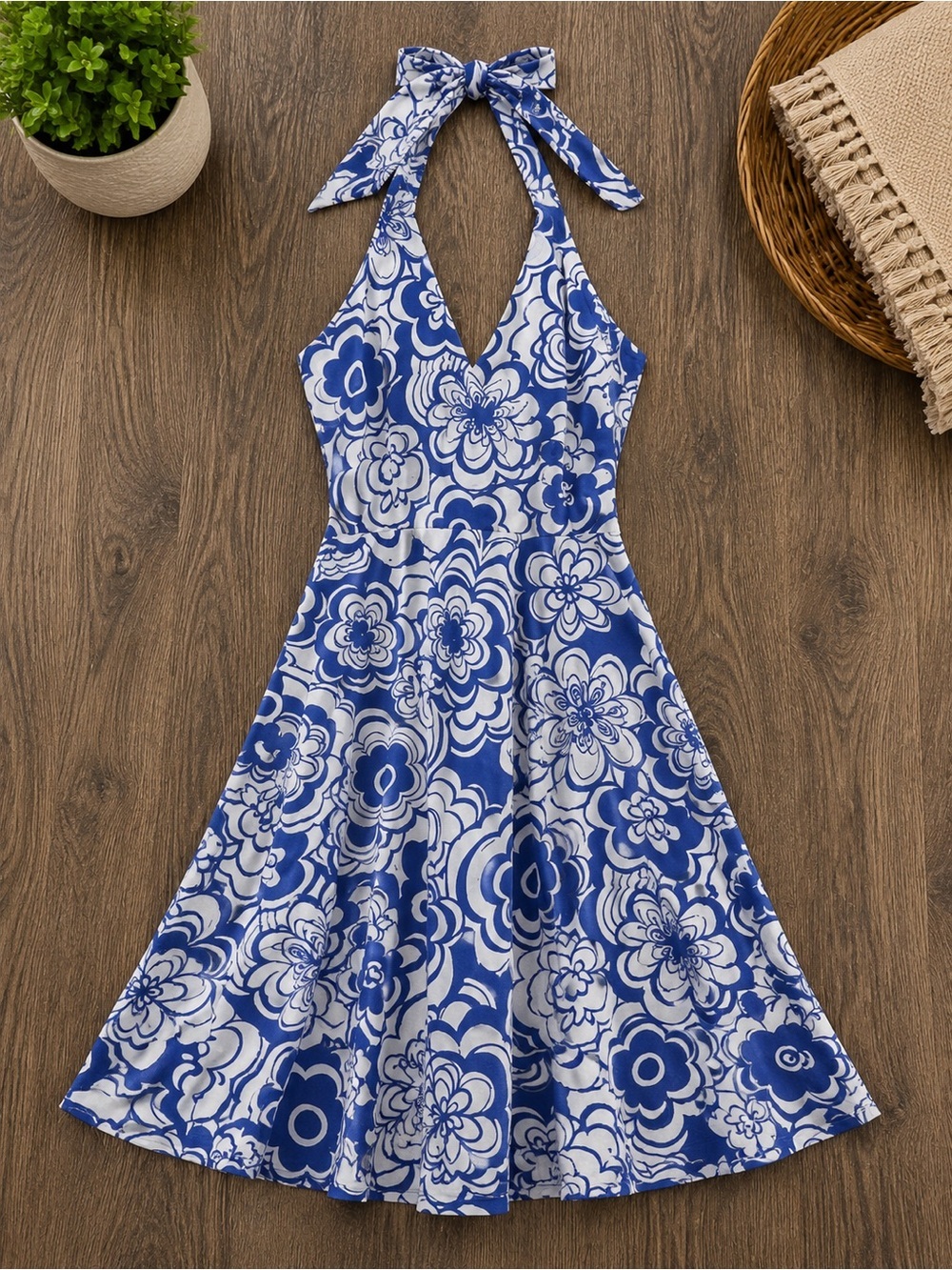 Spense Blue White Floral Halter Dress A-Line Summer Vacation Sundress